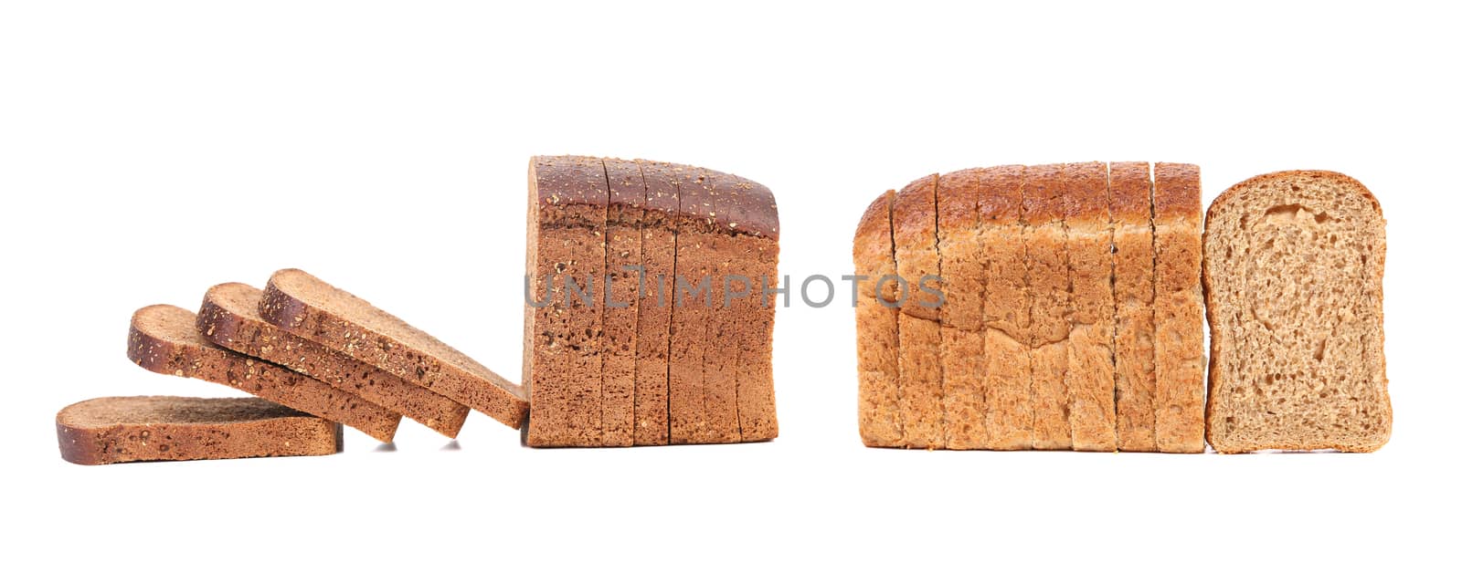 Compozition of sliced brown bread isolated on a white background