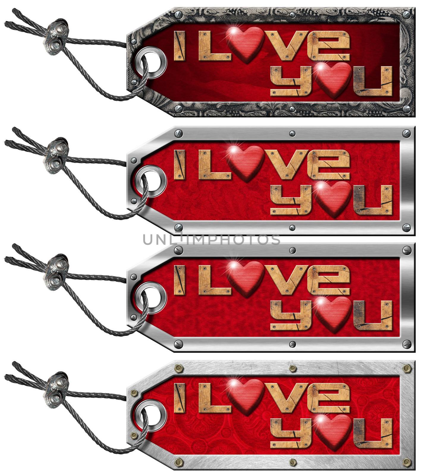 Four metallic tags with written I Love You and red hearts, steel cable and metal rivets
