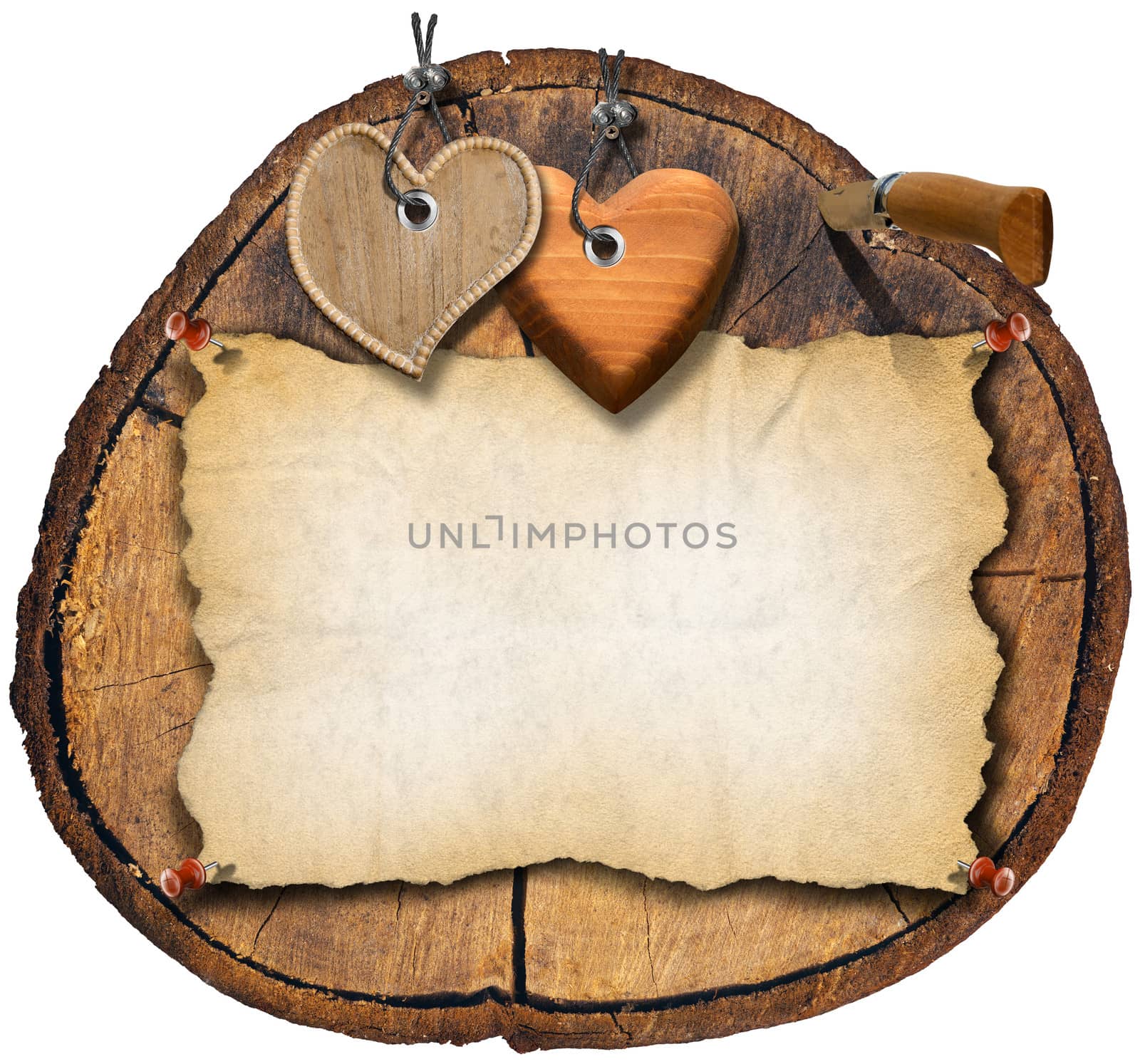 Two handmade brown wooden hearts hanging on trunk section with empty parchment
