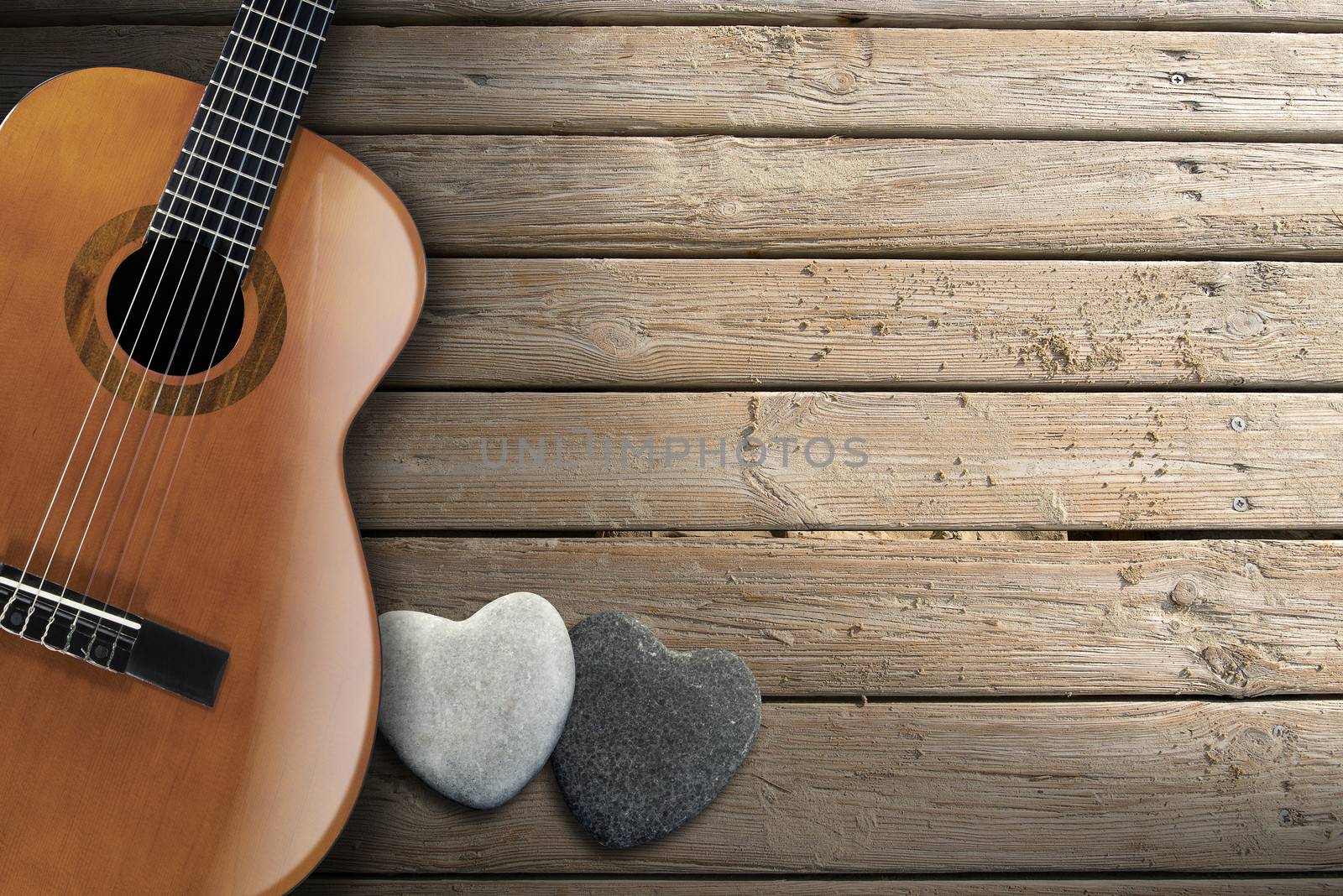 Acoustic Guitar on Wooden Boardwalk by catalby