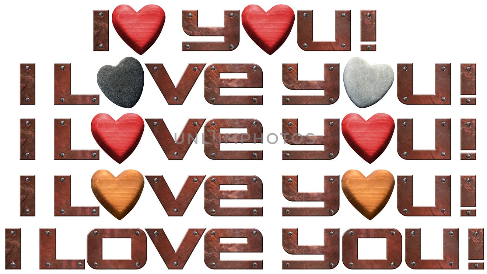 Set of I Love You! written with typefaces in metal with stone and wooden hearts