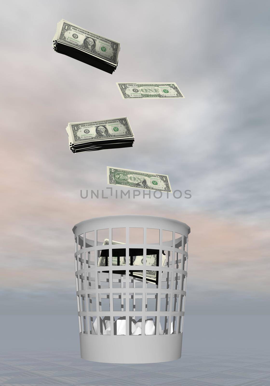 Throwing money to the rubbish in grey background