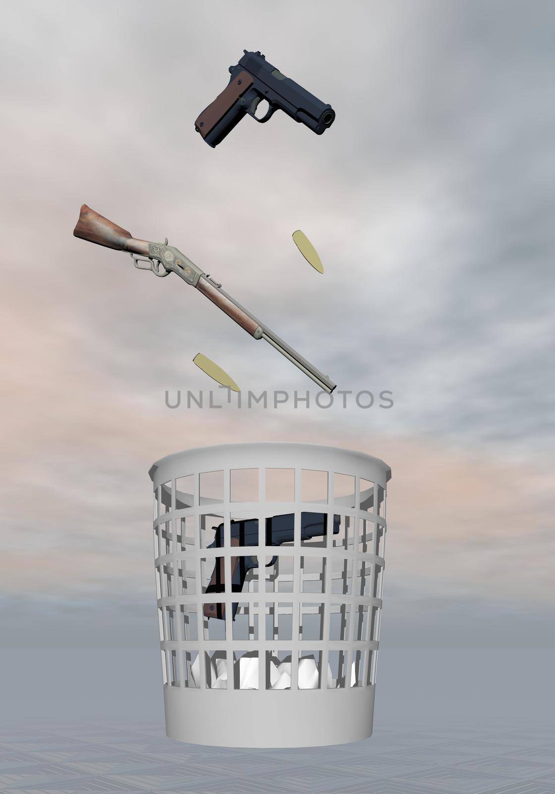 Gun, rifle and bullets thrown to a bin for nonviolent in grey background