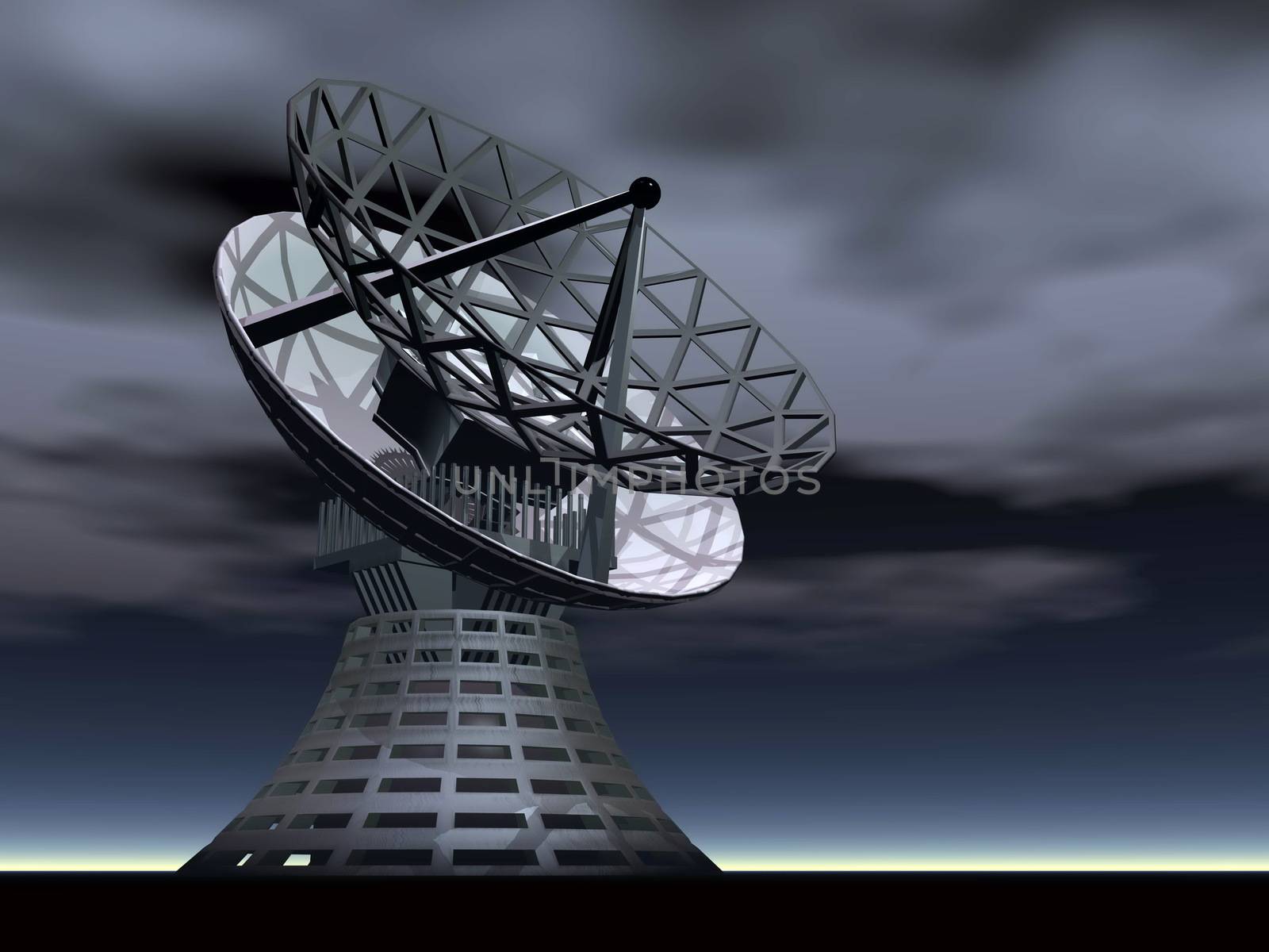 Satellite dish antenna by dark cloudy night