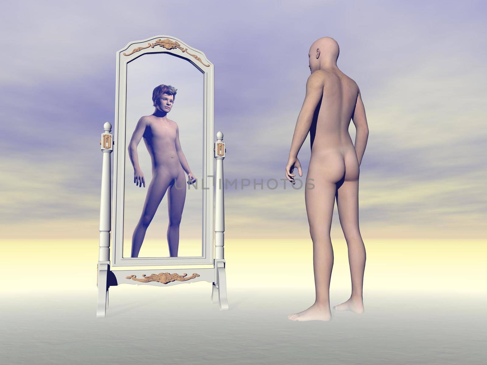 Man and bald scalp standing in front of a mirror looking at another with hair