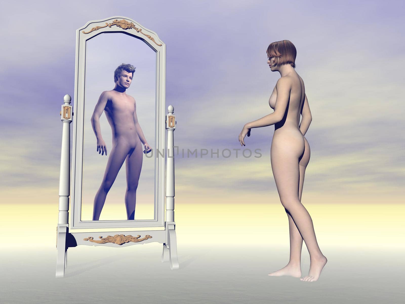 Female looking at herself in the mirror and wishing of being a male into grey background