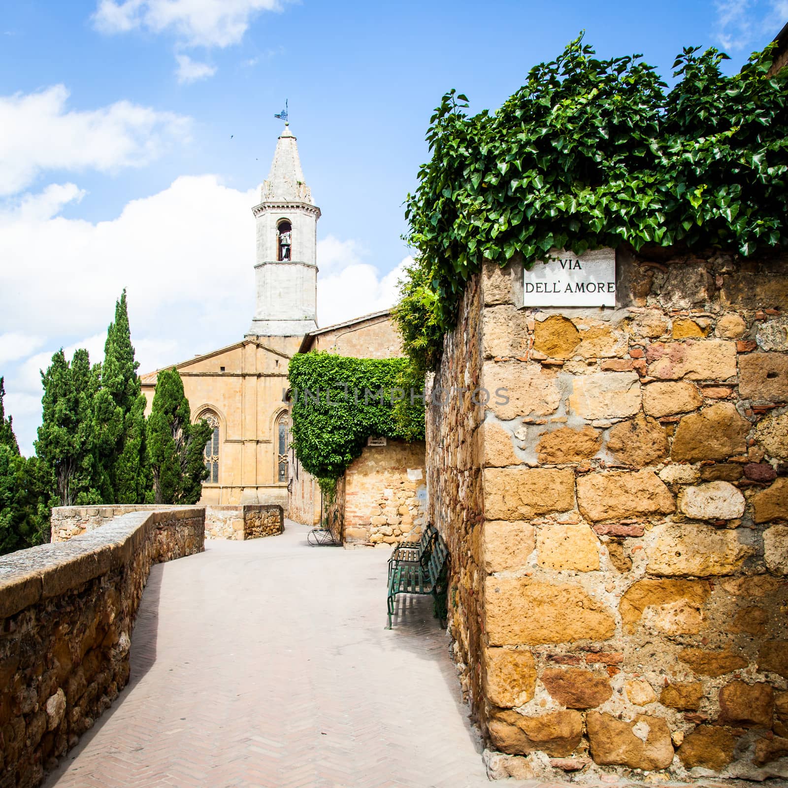 Italy - Pienza town. The streetsign of Via dell'amore (Love Street)