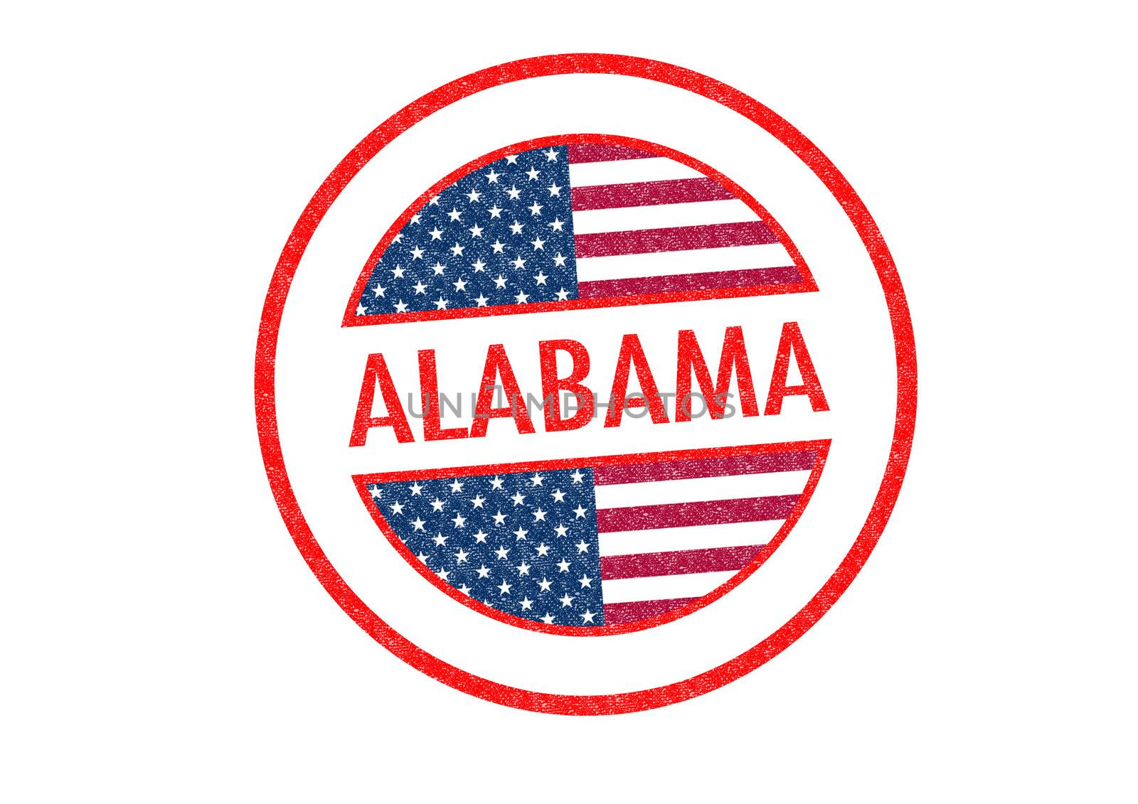 Passport-style ALABAMA rubber stamp over a white background.