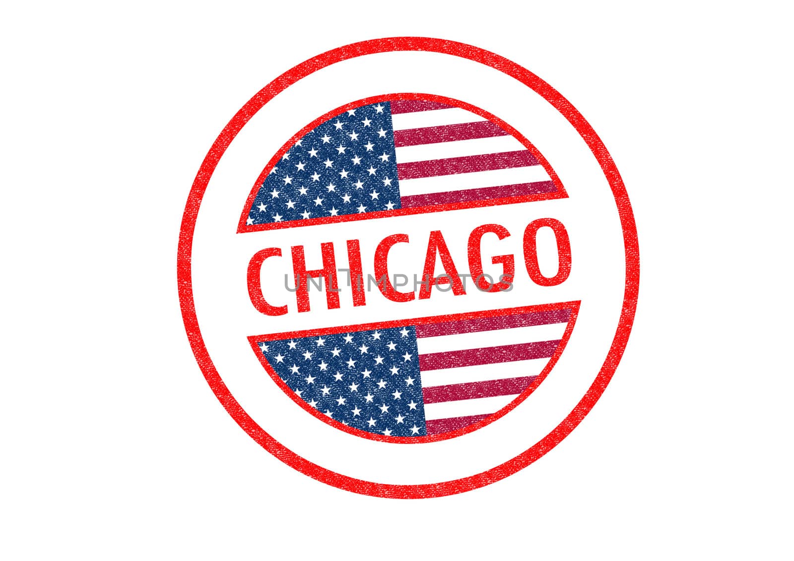 Passport-style CHICAGO rubber stamp over a white background.