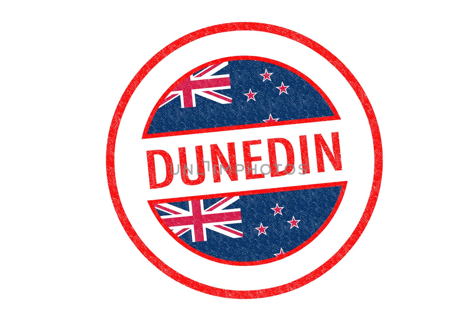 Passport-style DUNEDIN rubber stamp over a white background.