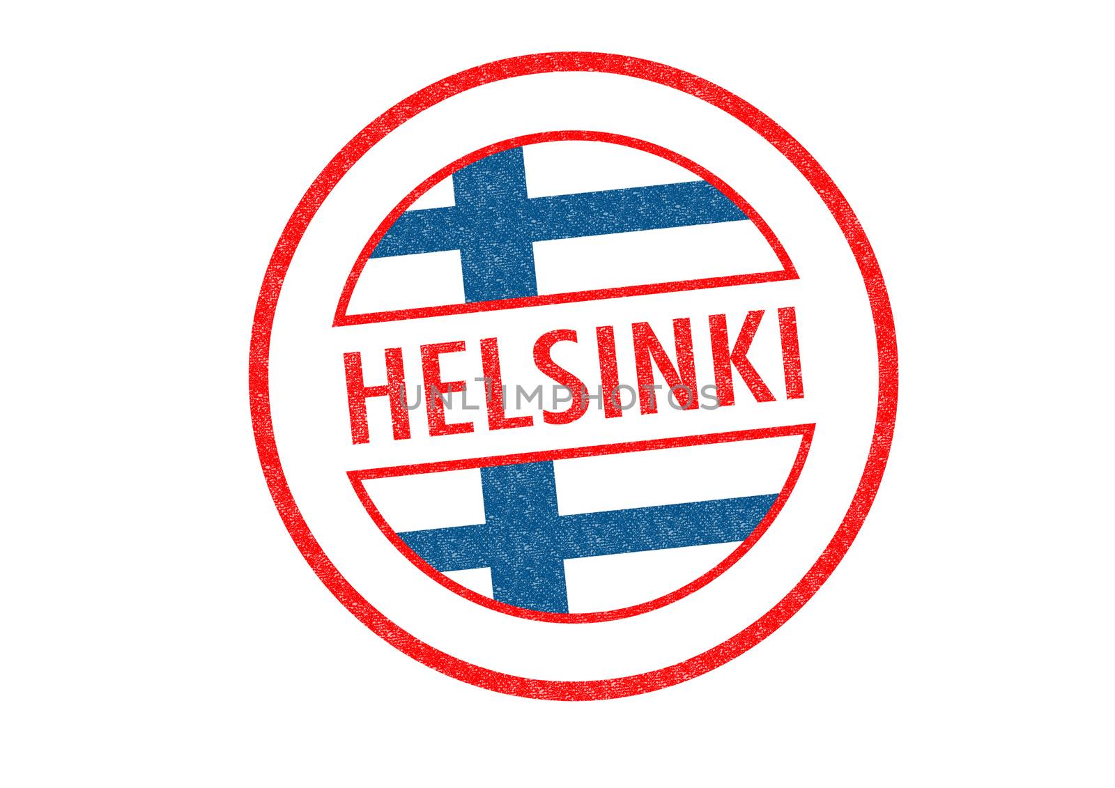 Passport-style HELSINKI rubber stamp over a white background.