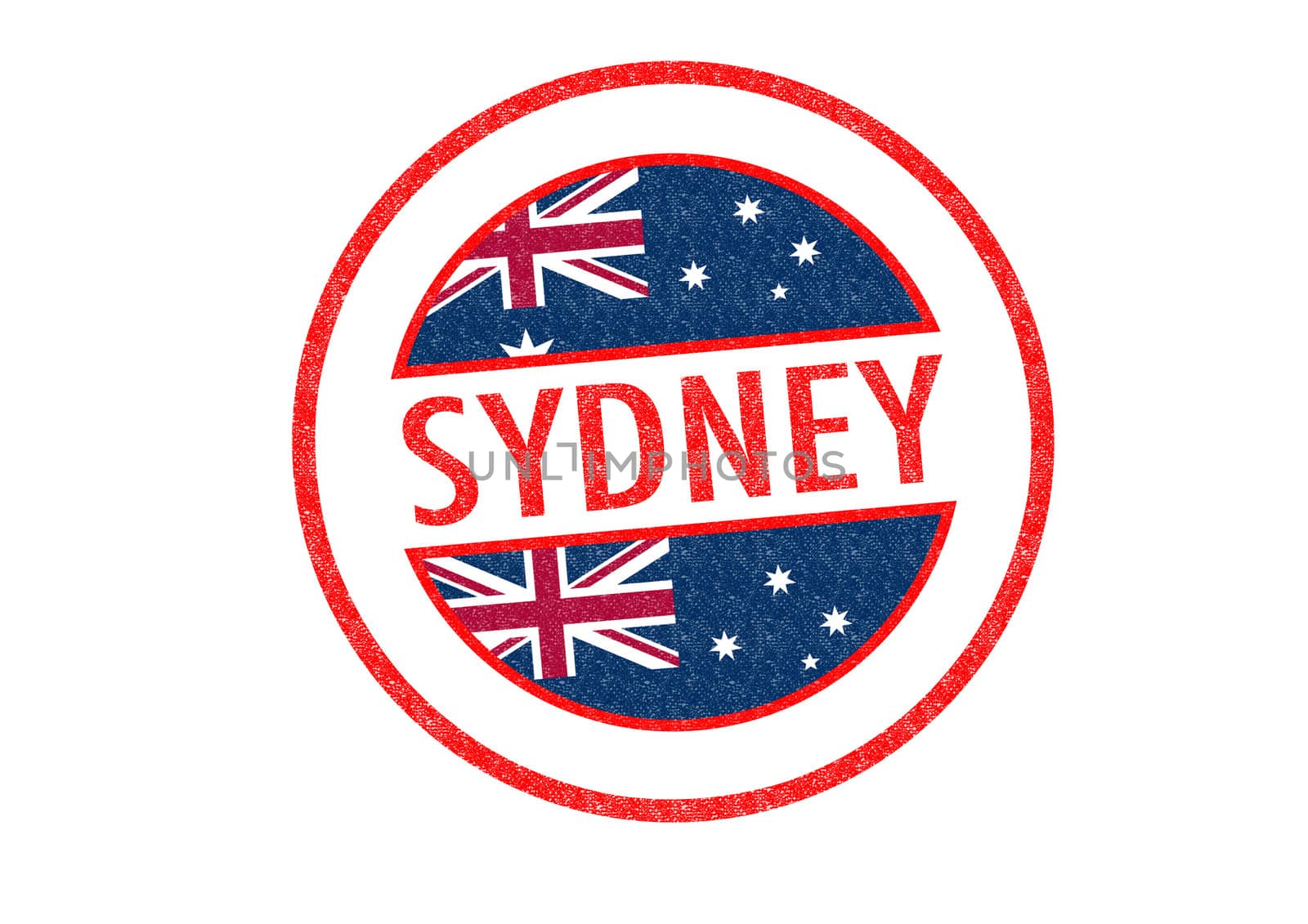 Passport-style SYDNEY rubber stamp over a white background.