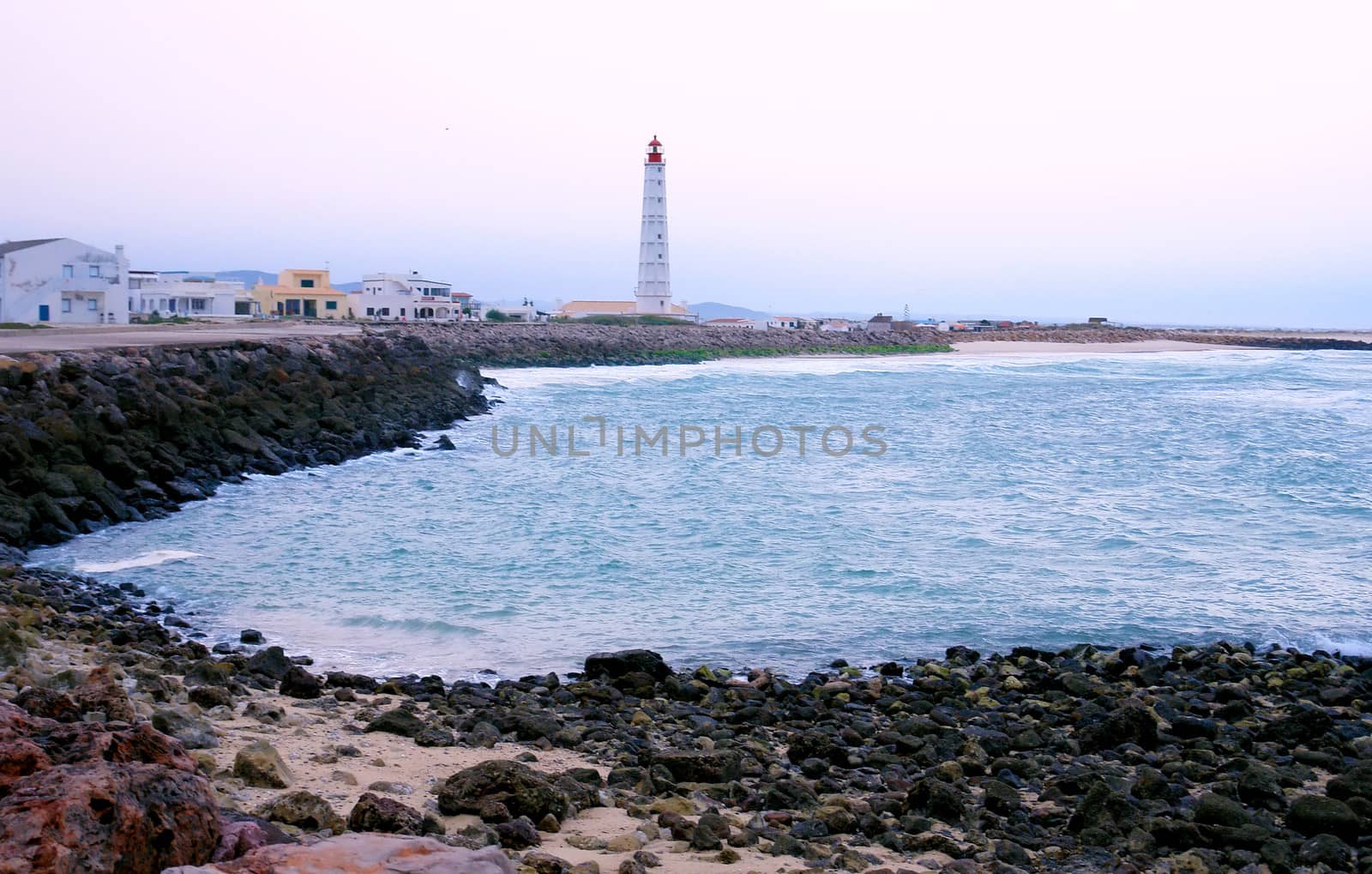 Lighthouse in "Farol" island, in Ria Formosa, natural conservation region in Algarve, Portugal. 