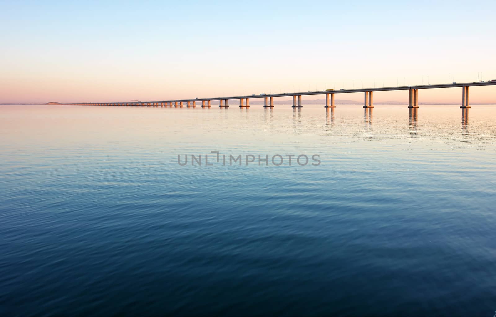 View from river Tagus of Lisbon's "Vasco da Gama" Bridge, Portugal                           