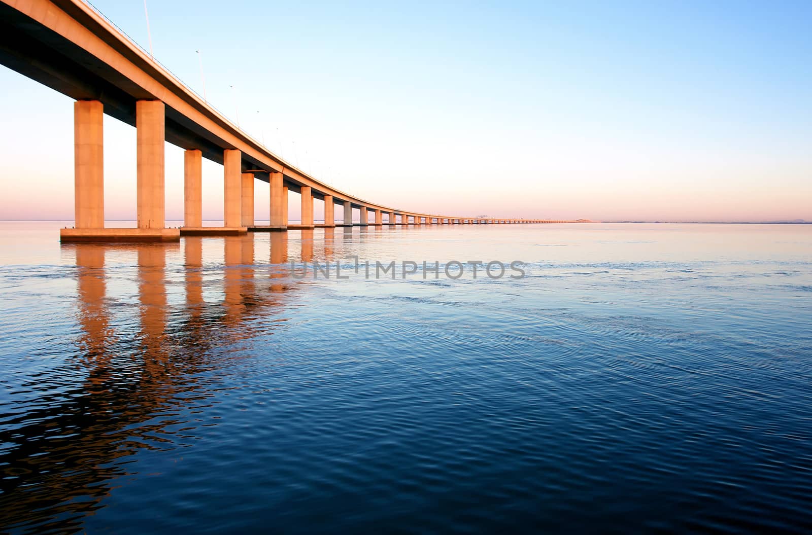 View from river Tagus of Lisbon's "Vasco da Gama" Bridge, Portugal                           