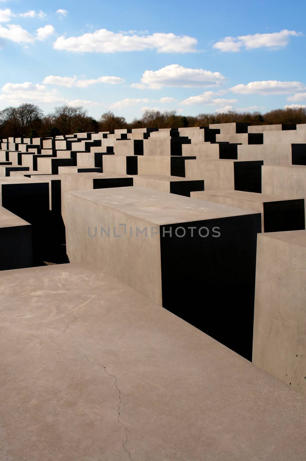 The Holocaost monument in Berlin, Germany (consist of 2711 concrete blocks whit diferent hights and paralel aligment placed on 19.000 squaremeters urban area)