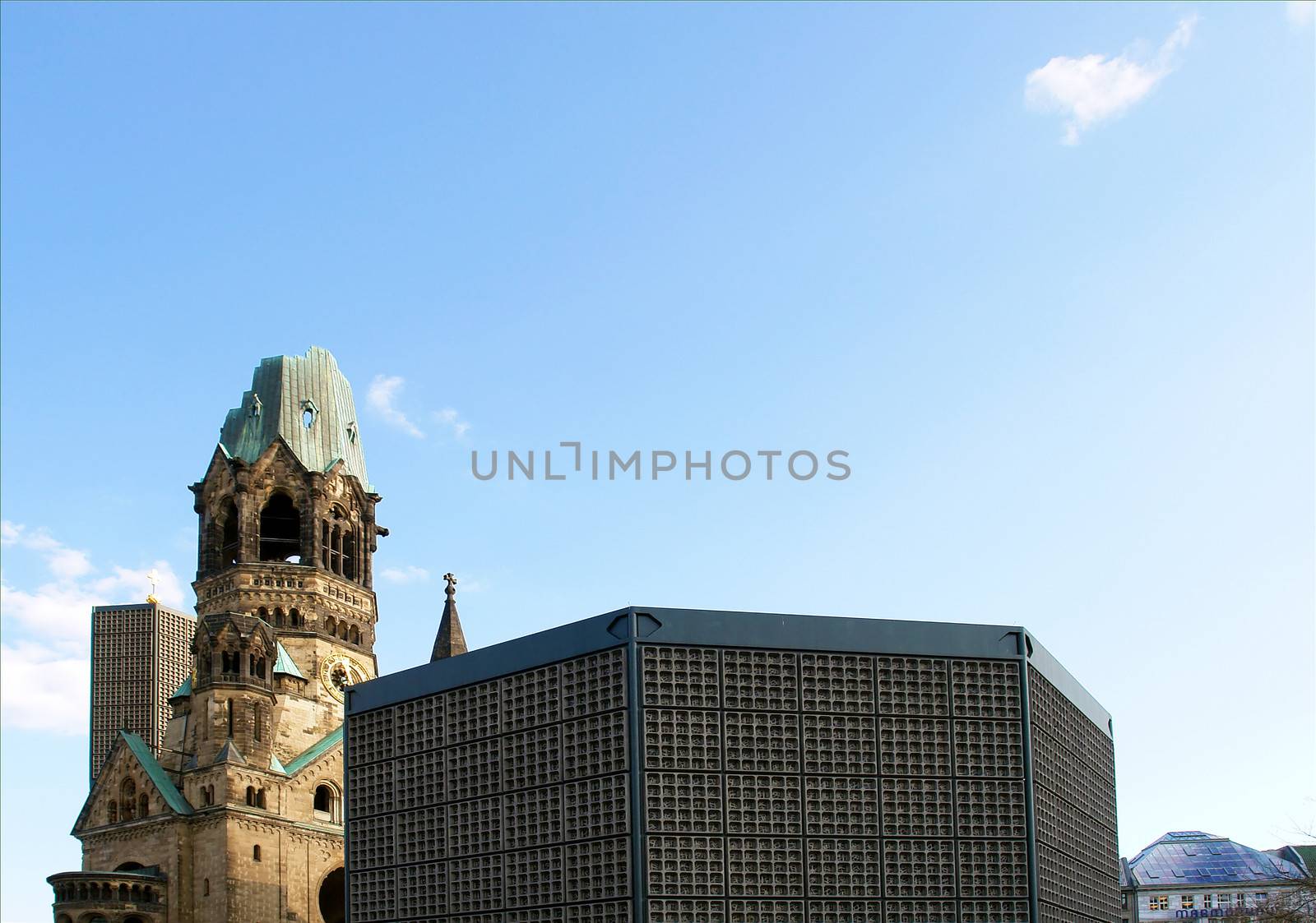 Ruins of Kaiser Wilhelm Memorial Church in Berlin destroyed by Allied bombing and preserved as memorial, Berlin, Germany                               