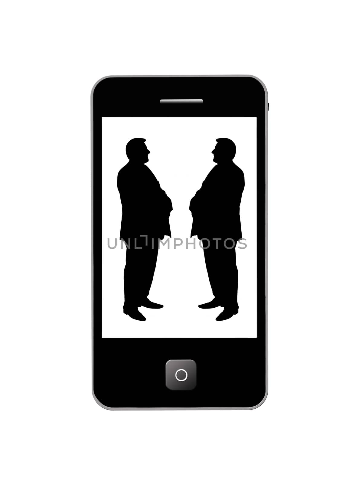 modern mobile phone with two black silhouettes of men