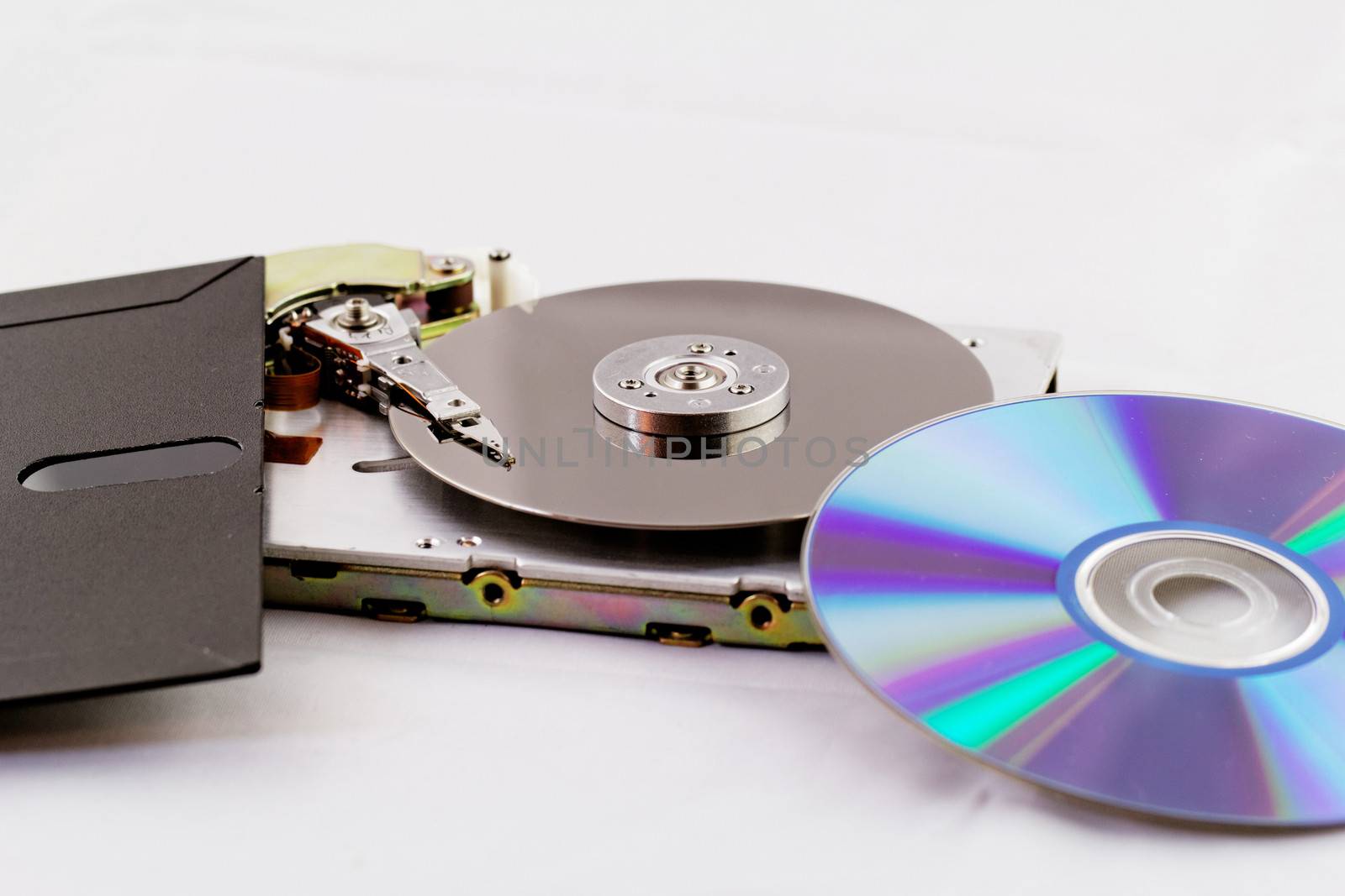old and modern technics (floppy, cd, dvd, hdd side by side) on white background