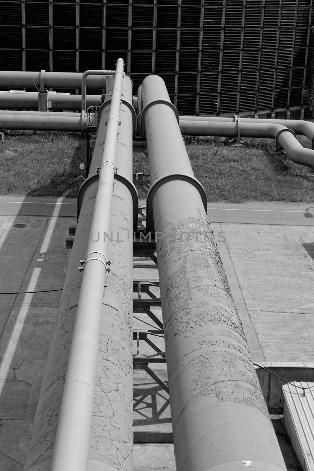 industrial pipes in a electricity power plant bw