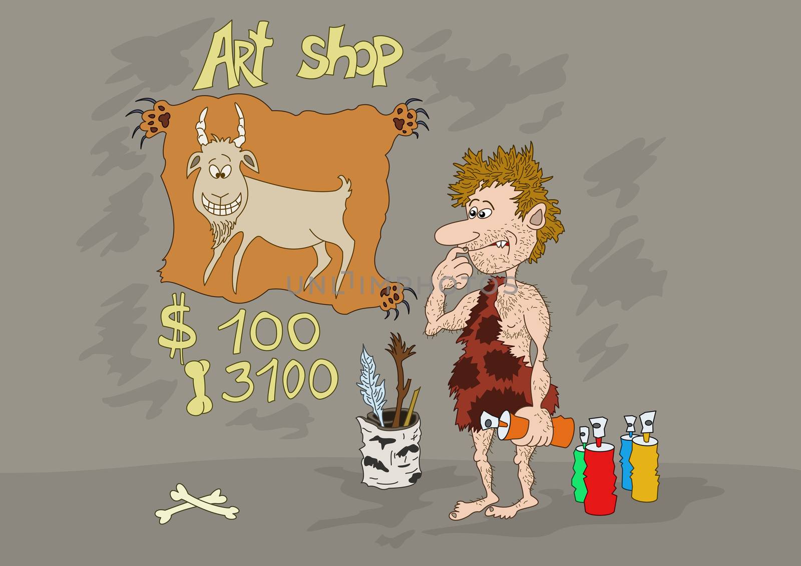 Cartoon: prehistoric man artist in a cave draws a funny goat