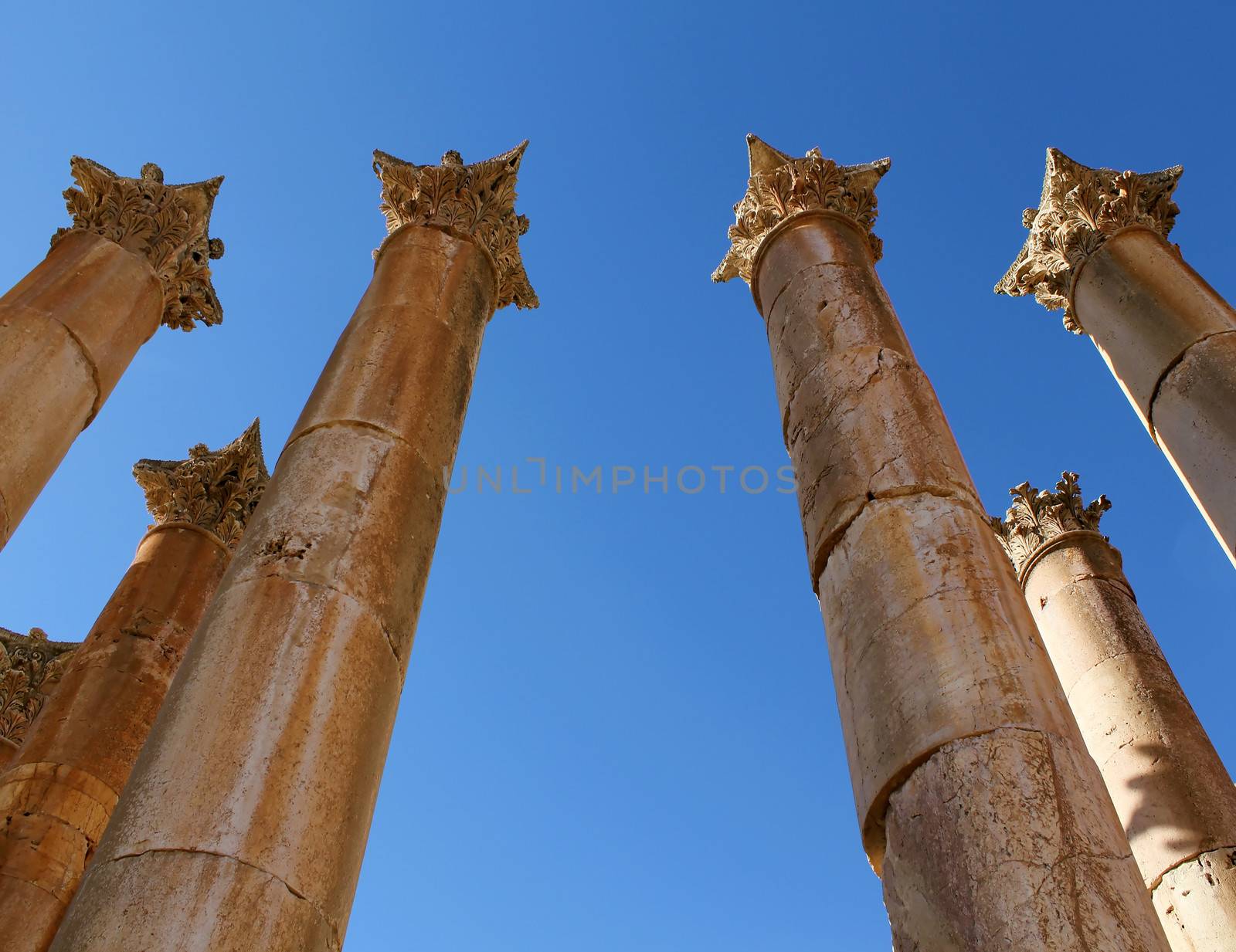 Columms in the Artemis Temple. Ruins of the Greco-Roman city of Gerasa. Ancient Jerash, in Jordan.
