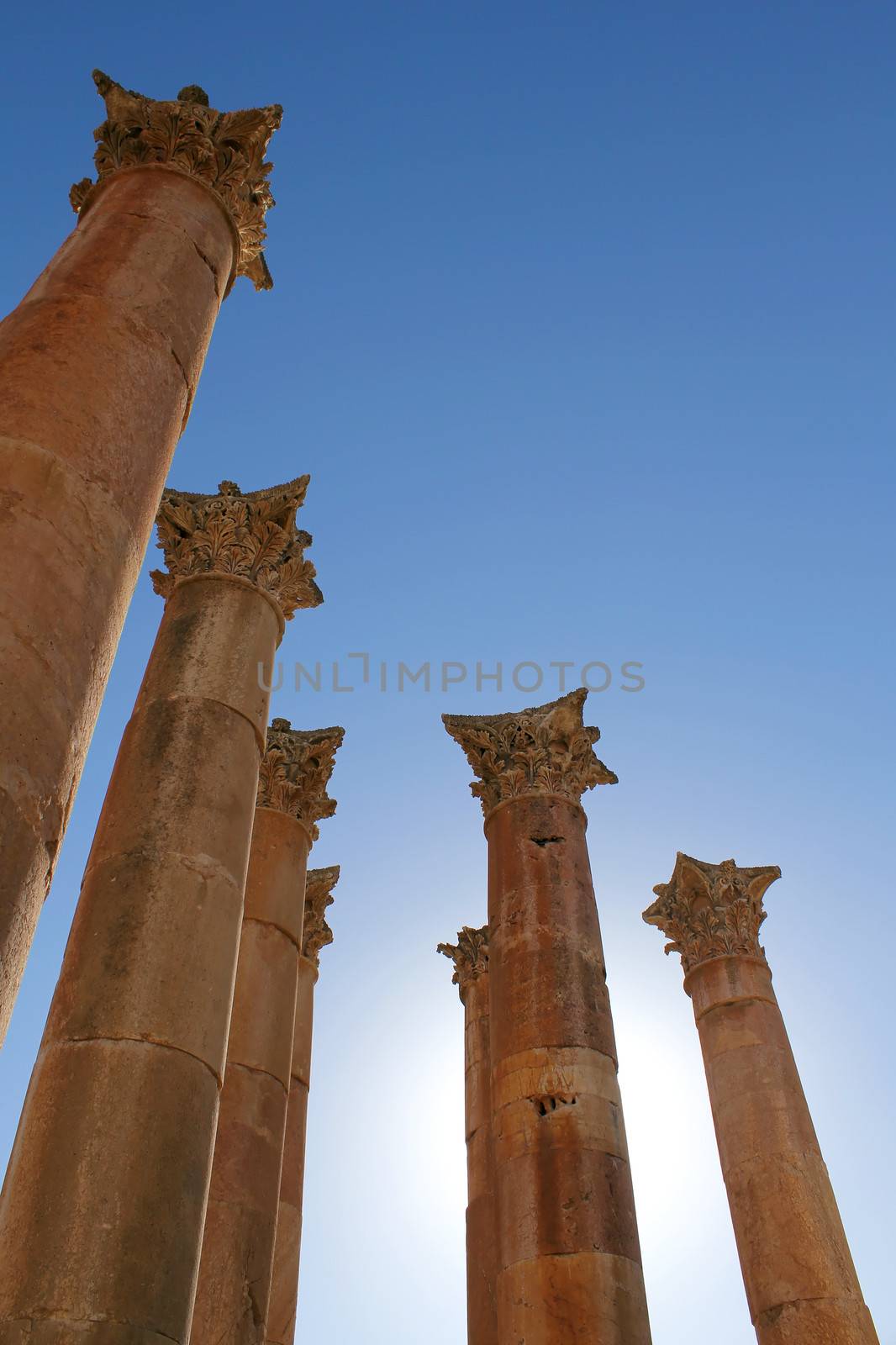 Temple of Artemis corinthian coluums. Ruins of the Greco-Roman city of Gerasa. Ancient Jerash, in Jordan.