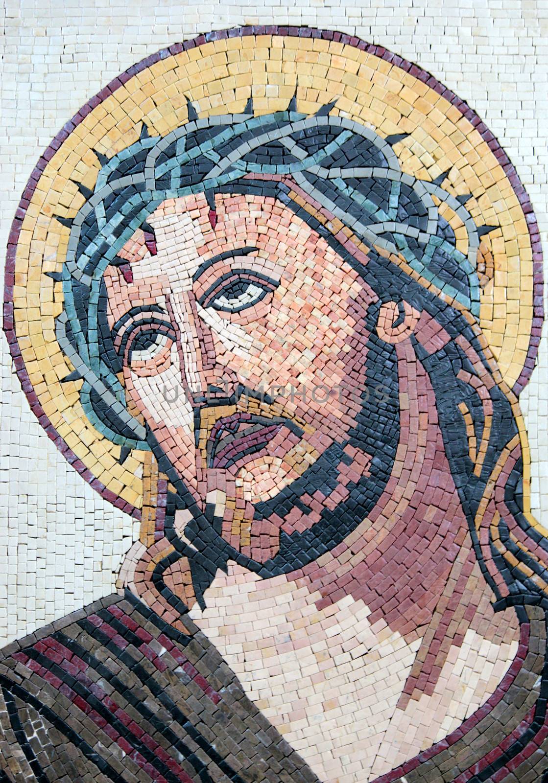 Antique Byzantine Christian mosaic portrait of Jesus Christ