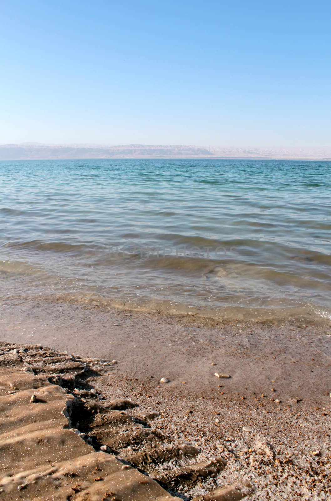 Dead Sea coastline, whit salt crystals and formations in the sand. Jordan