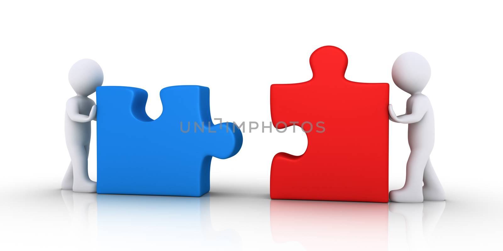 Two 3d people are pushing puzzle pieces in order to be connected