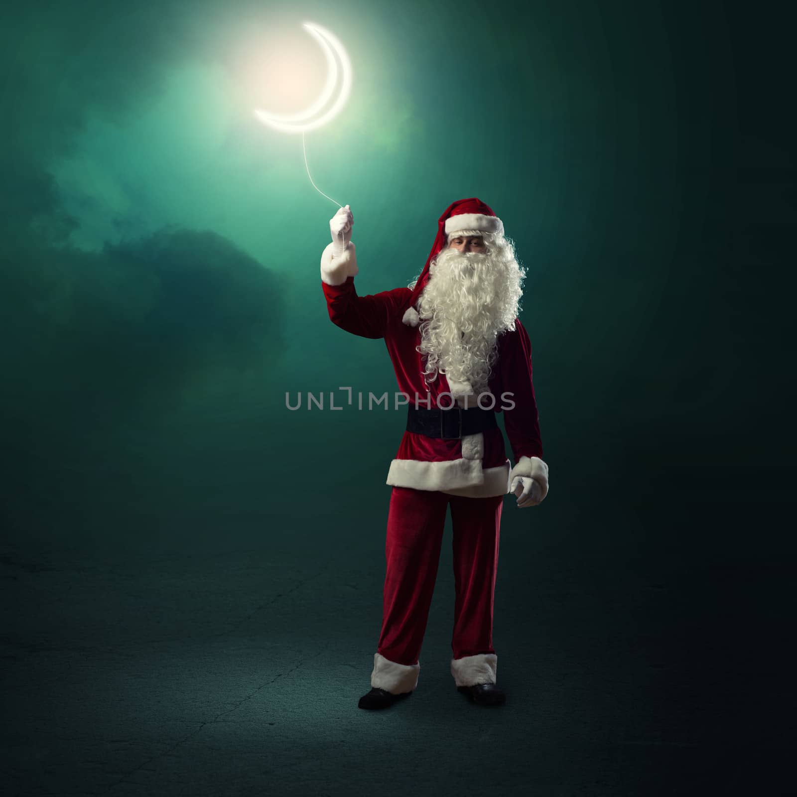 Santa Claus holding a string of luminous glowing moon