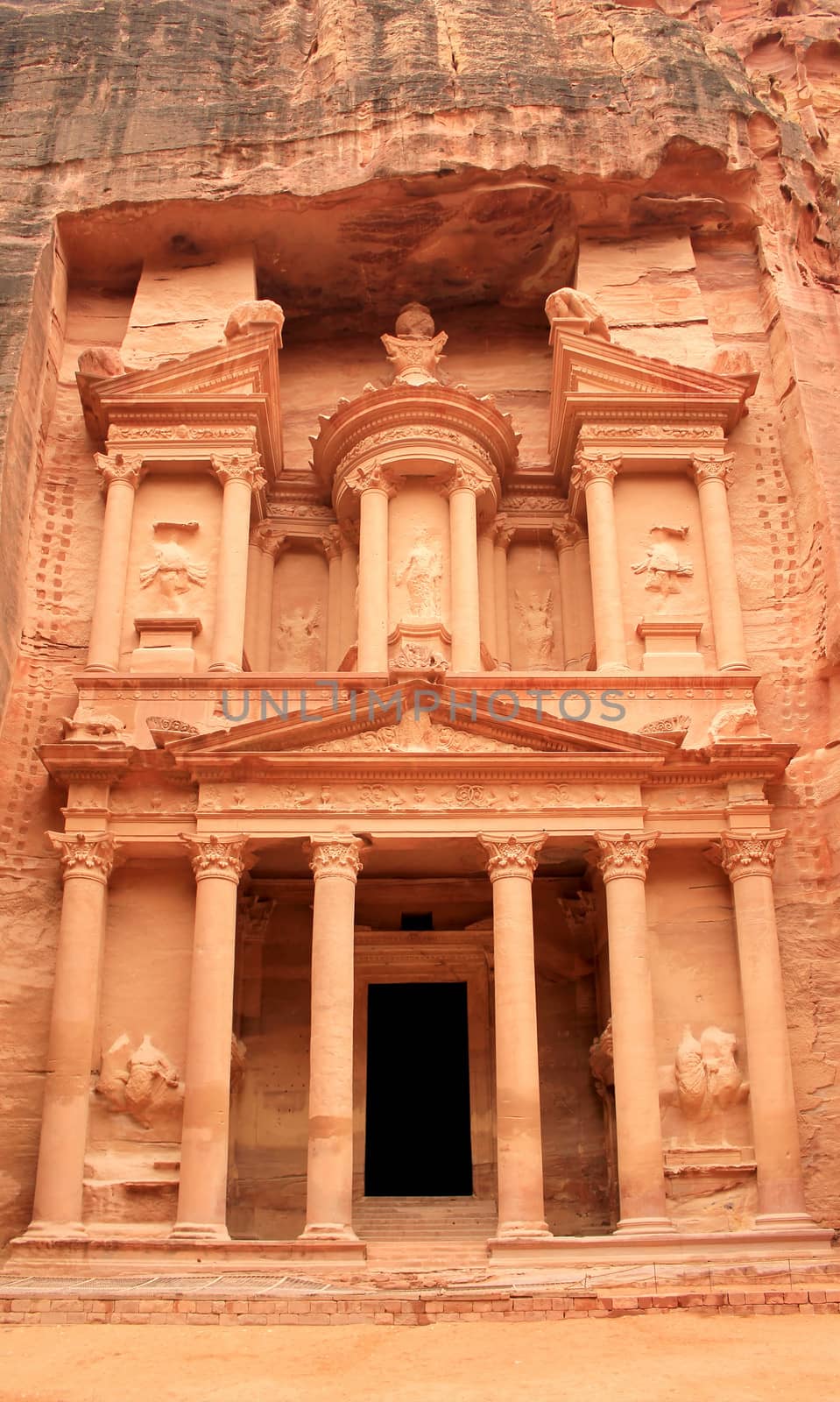 The treasury at Petra, Lost rock city of Jordan. Petra's temples, tombs, theaters and other buildings are scattered over 400 square miles. UNESCO world heritage site 