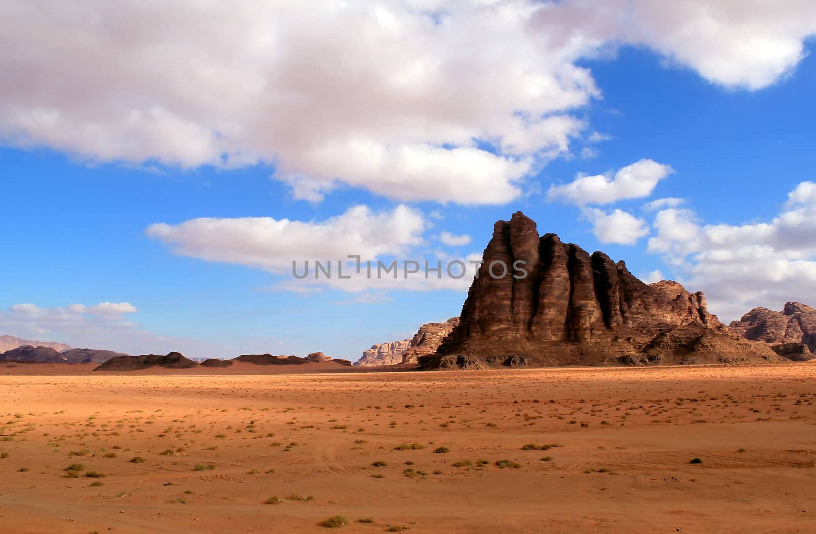 The "Seven Pillars of Wisdom" rock formation, Wadi Rum Desert beautiful landscape. Jordan.