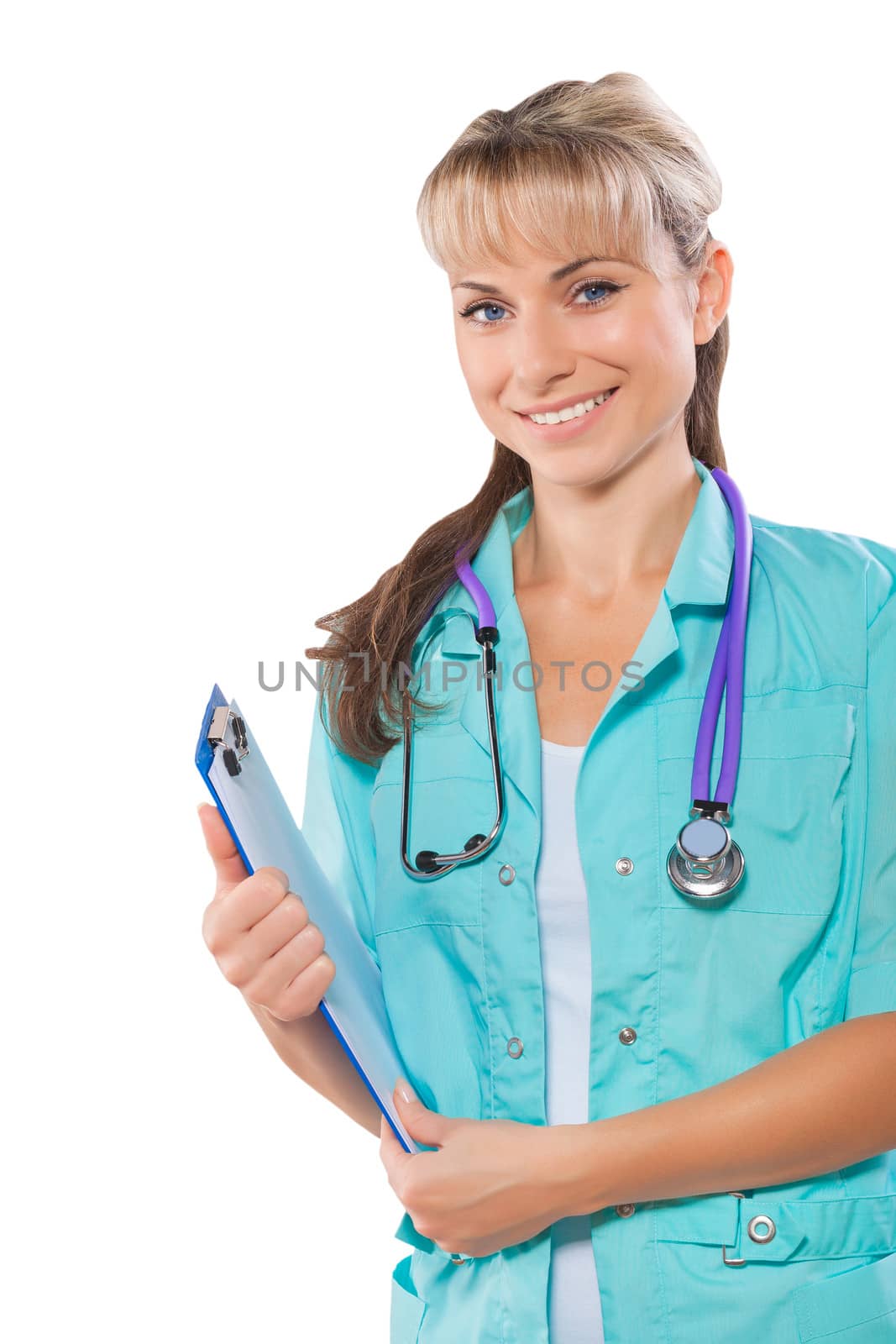 a friendly female doctor holding folder and smiling by mihalec