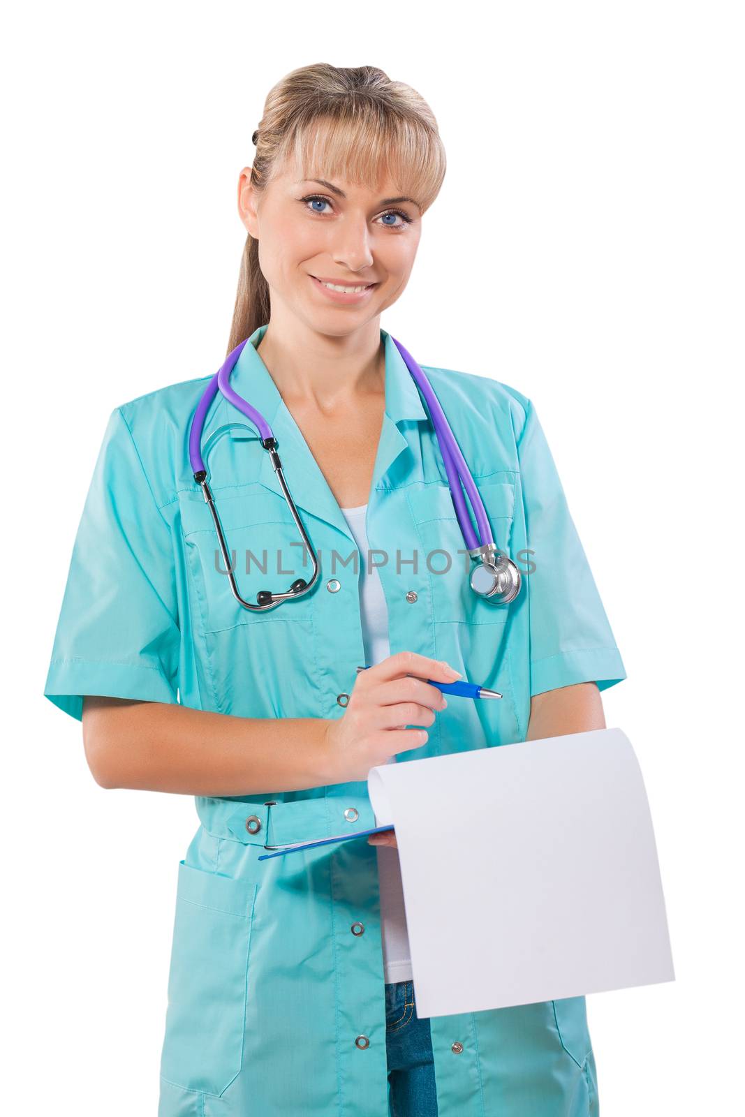 beautiful smiling female doctor with ballpoint pen and clipboard by mihalec