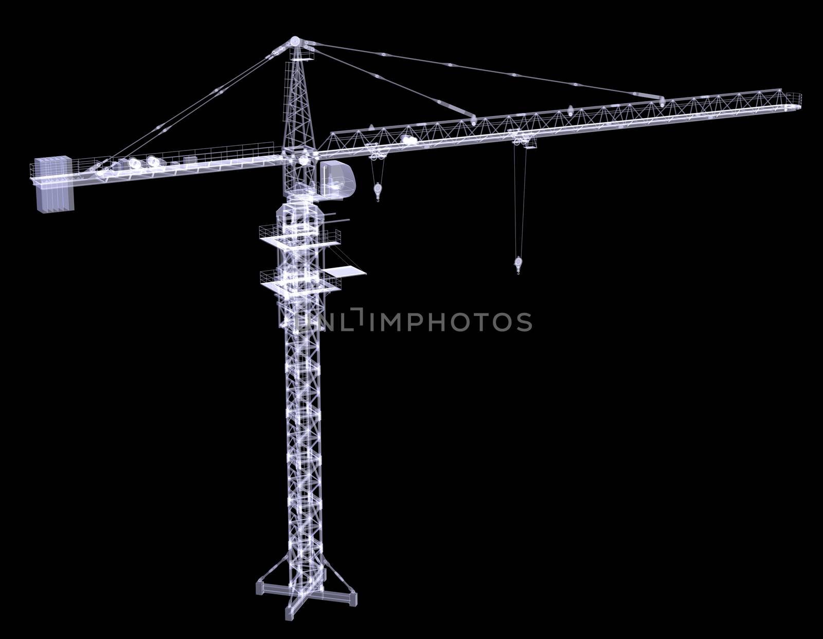 X-ray tower crane. 3d rendering on black background