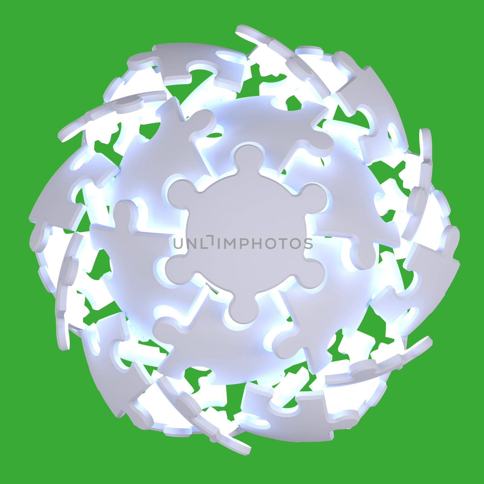 Sphere consisting of puzzles. 3d render isolated on green background