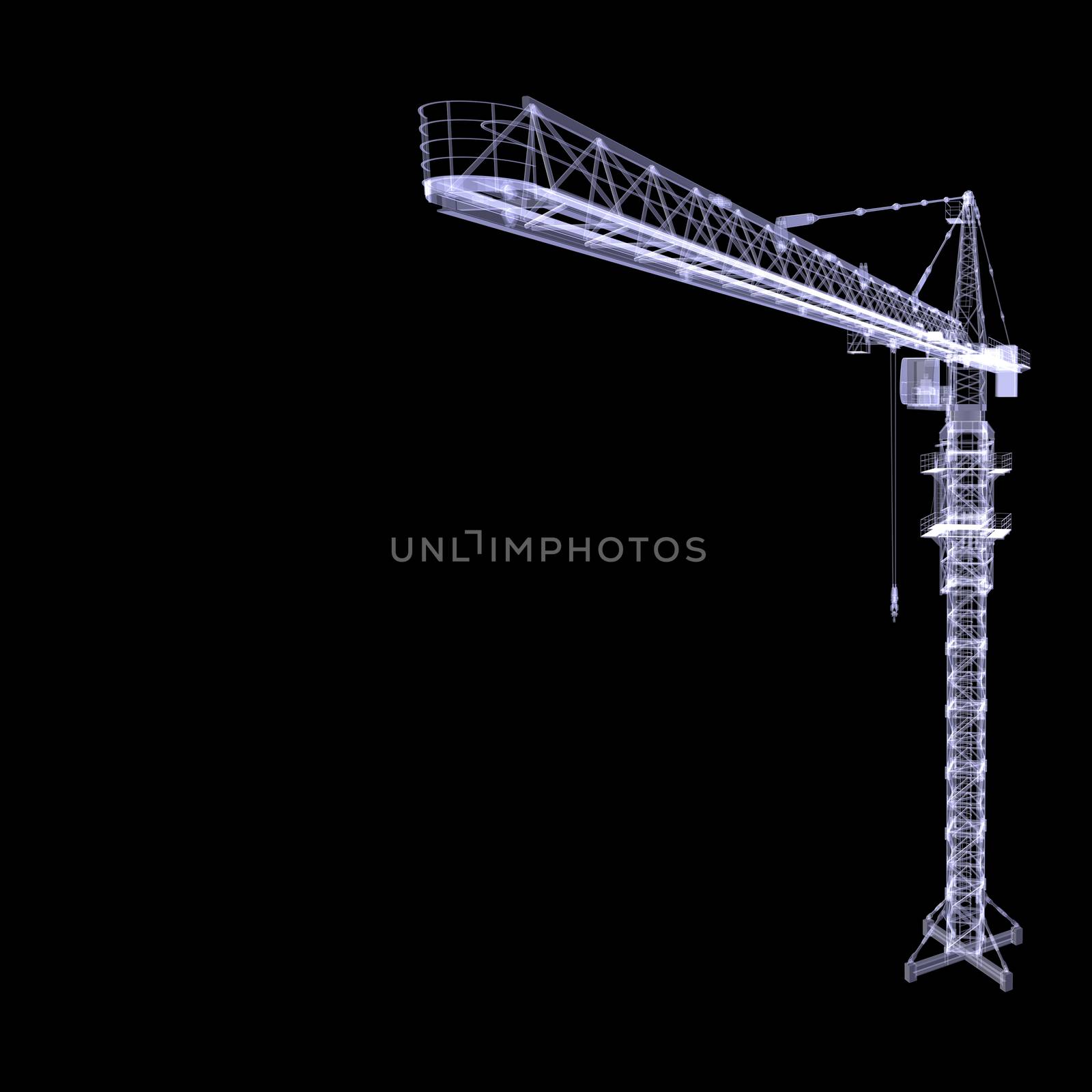 X-ray tower crane. 3d rendering on black background