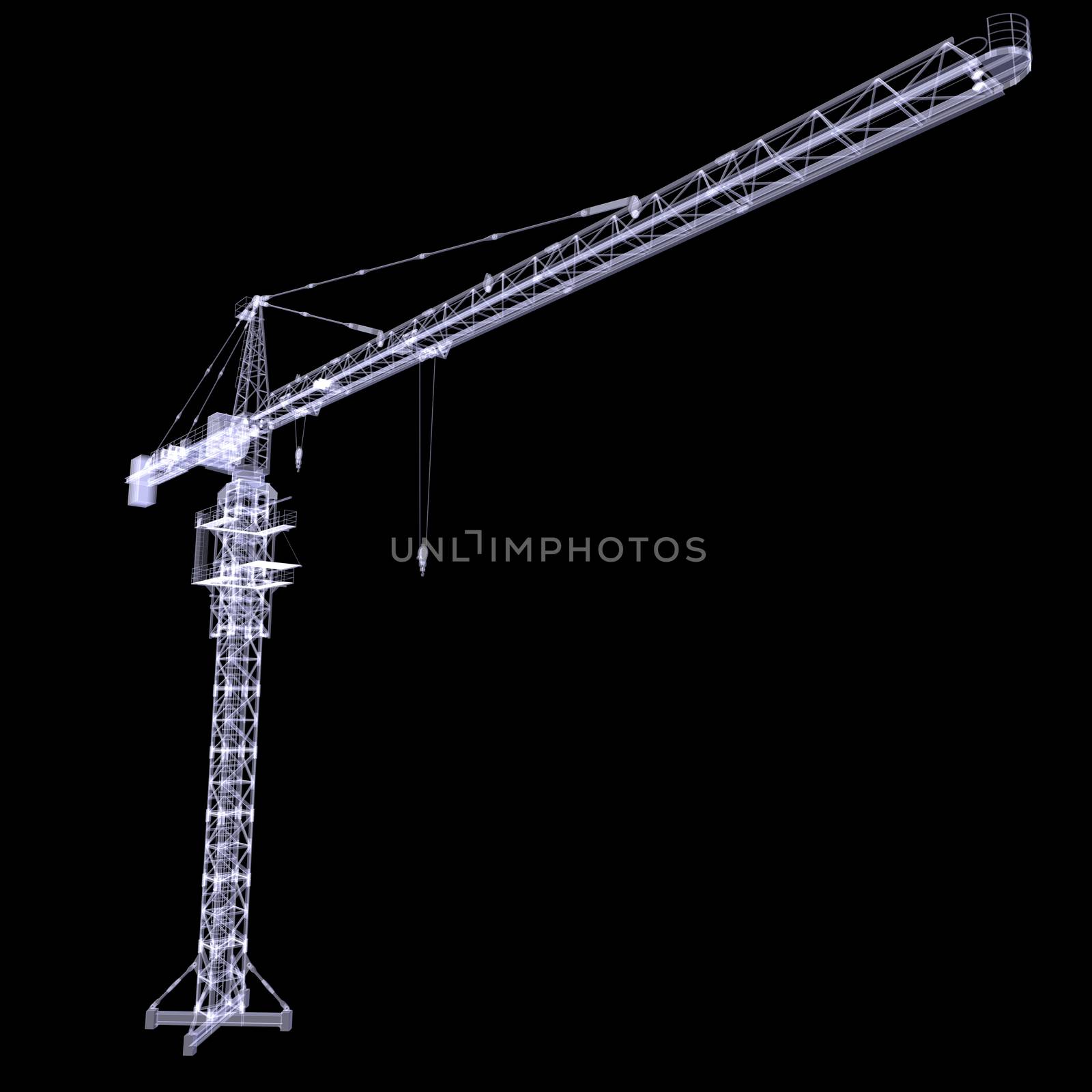 X-ray tower crane. 3d rendering on black background