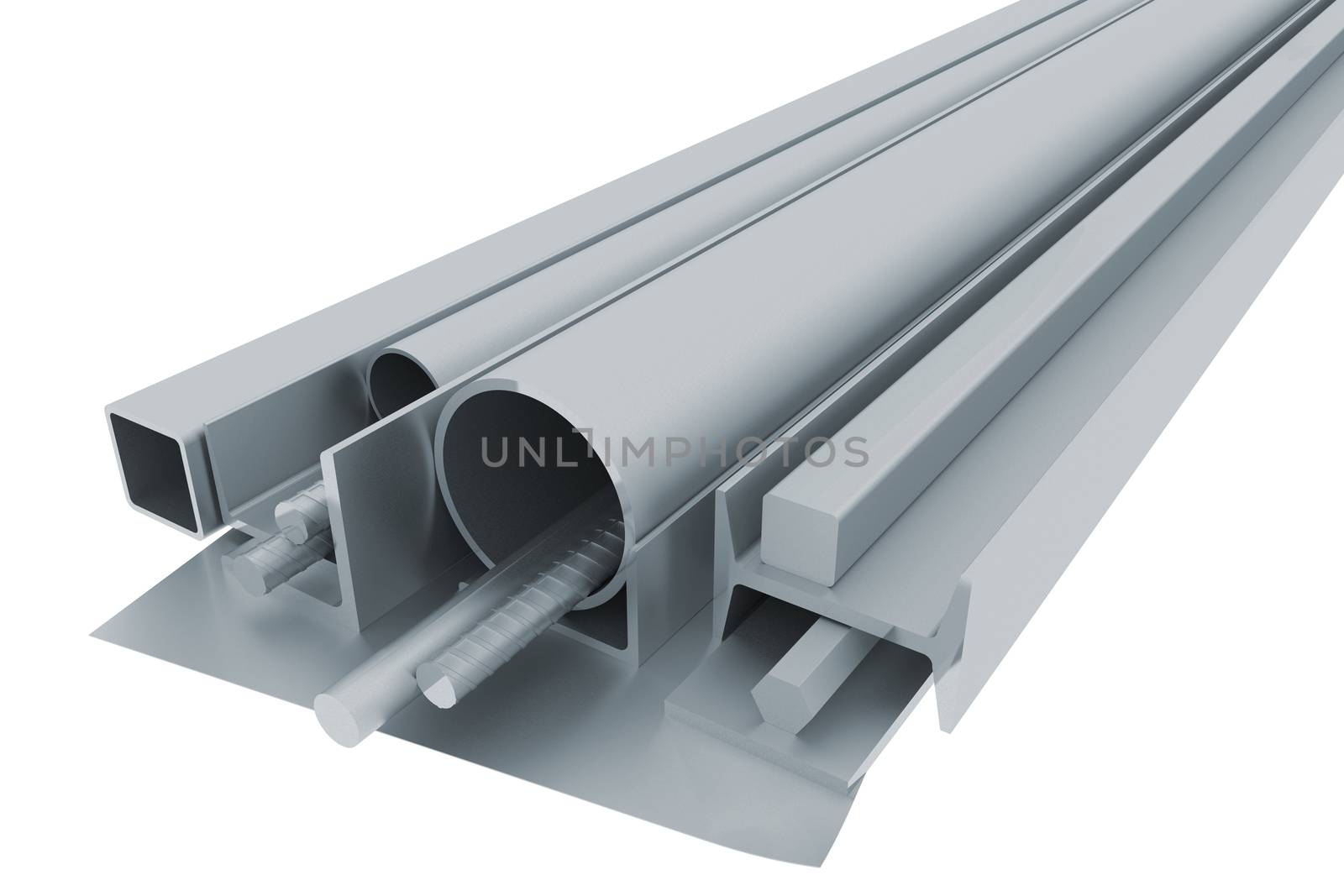 Rolled metal pipes, angles, channels, fixtures and sheet. 3d render