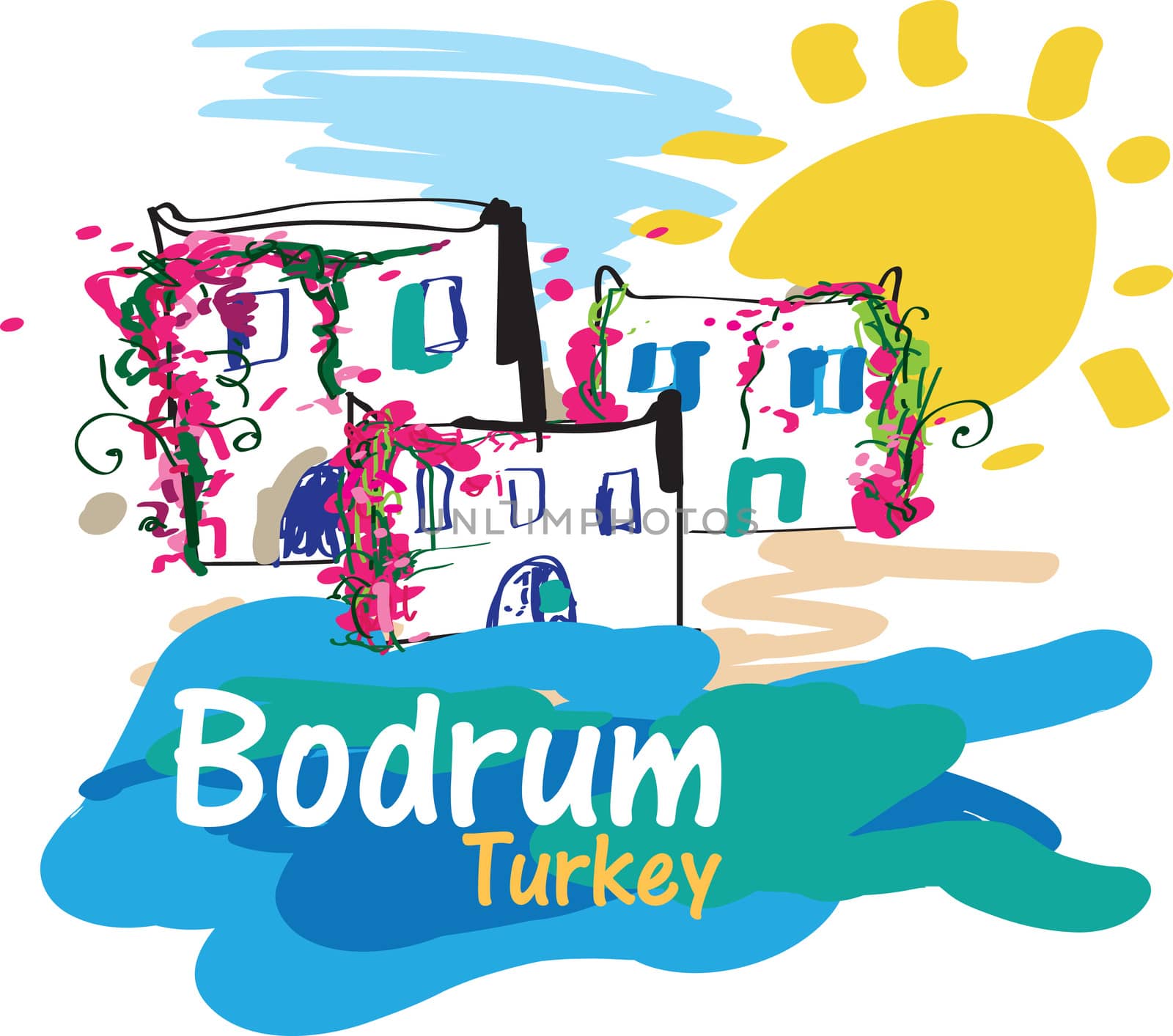 Colorful illustration of Bodrum, a very popular summer destination in Turkey