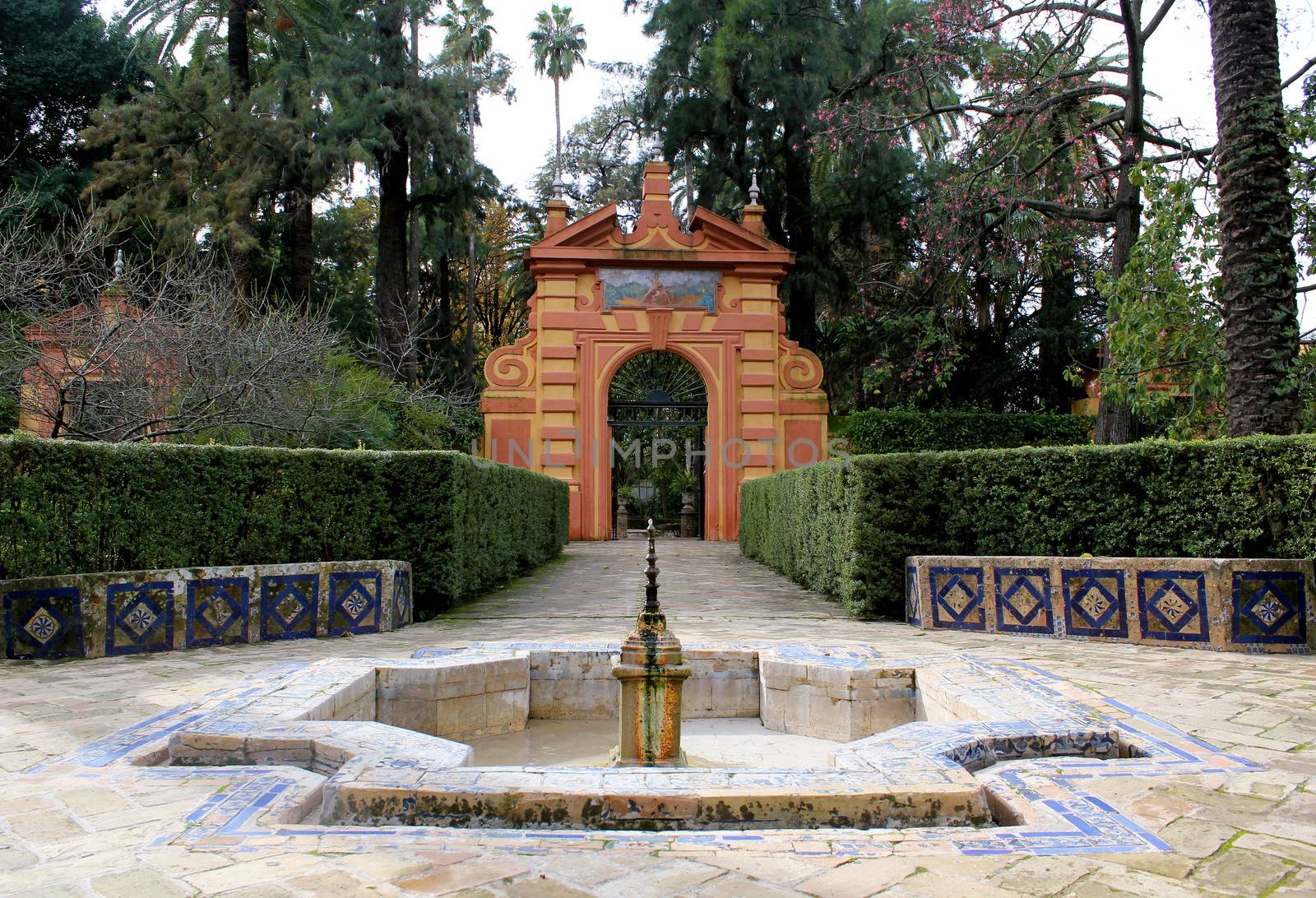 Courtyard at the Real Alcazar Moorish Palace in Seville, Spain 