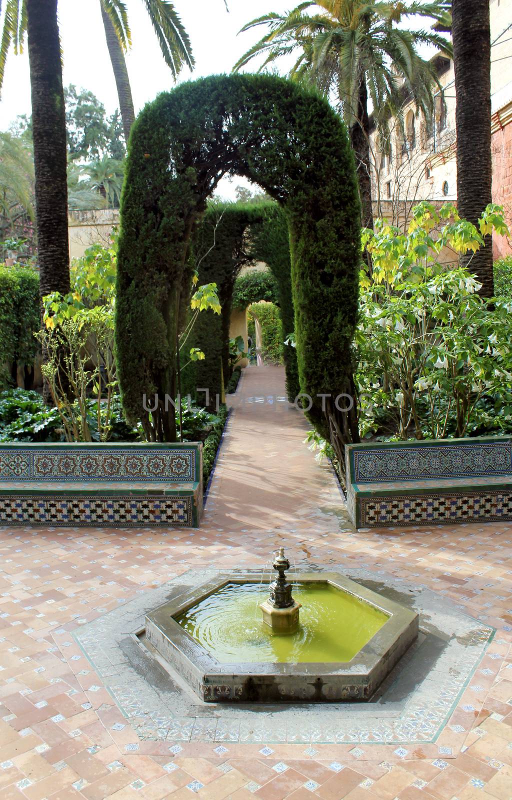 Water feature at the Real Alcazar Moorish Palace in Seville, Spain