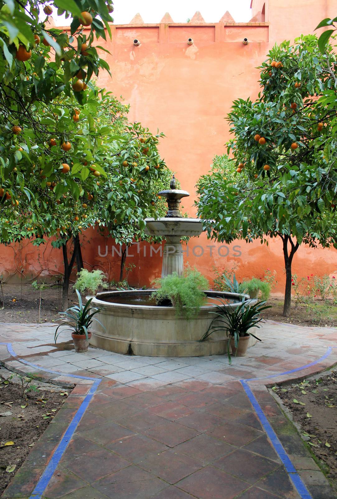 Courtyard at the Real Alcazar Moorish Palace in Seville, Spain 