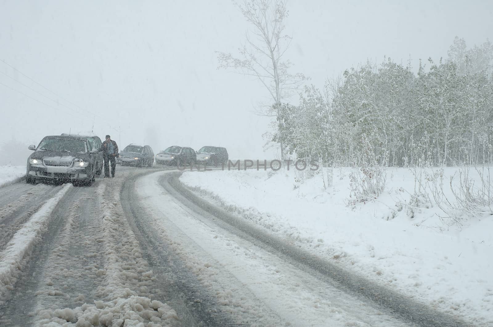 JELENIA GORA, POLAND - MAY 03: Traffic jam on mountain road caused by heavy snowfall on 03.05.2011 nearby Jelenia G�ra Poland
