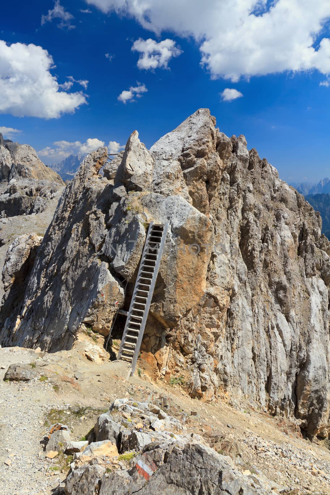 big wooden ladderfor hiking in Costabella mount, Trentino, Italy