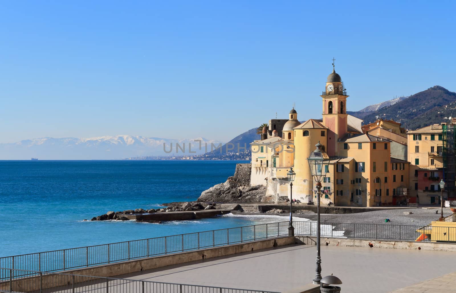 church and promenade in Camogli, Italy