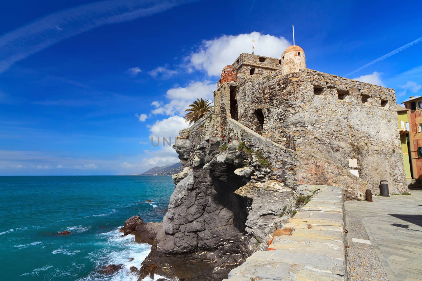 the old castle overlooking the sea in Camogli, Italy