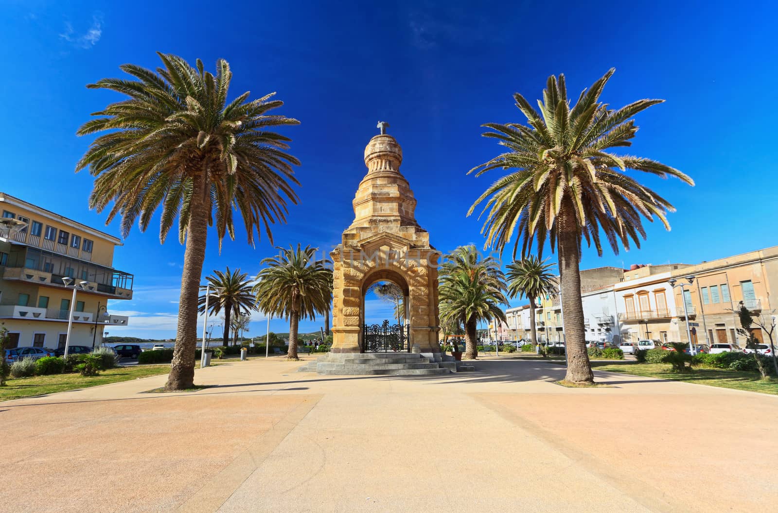 Pegli Square in Carloforte with war memorial, Sardinia, Italy