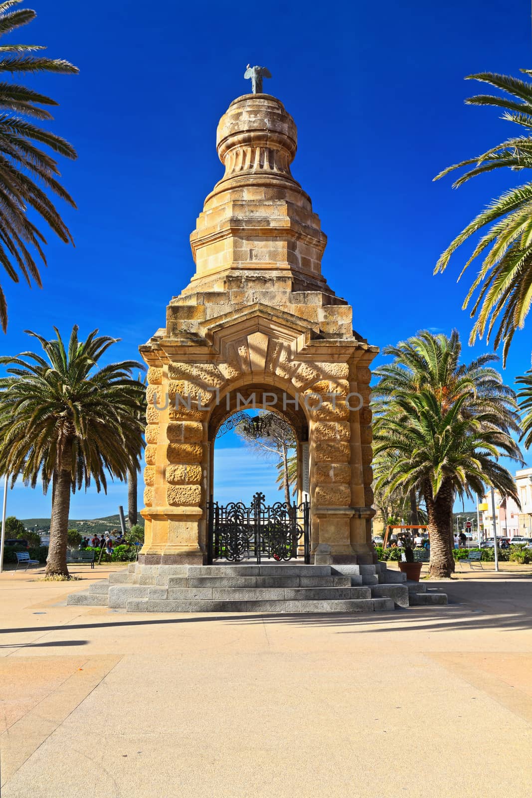 Pegli Square in Carloforte with the war memorial, Sardinia, Italy